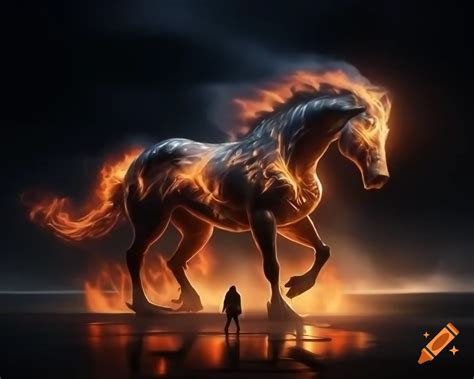 Fire horse created from flames walking on a beach at night, dark .
